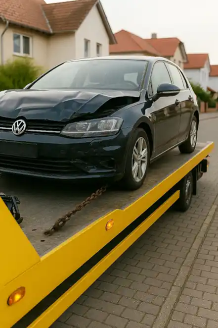 Ein defektes Auto wird in Hanau zum Autoankauf abgeschleppt.
